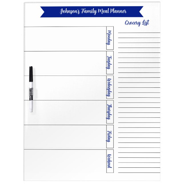 Weekly Meal Planner - Blue Personalized  Dry Erase Board (Front)