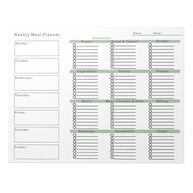 Weekly Meal Planner Grocery Shopping List Notepad (Front)