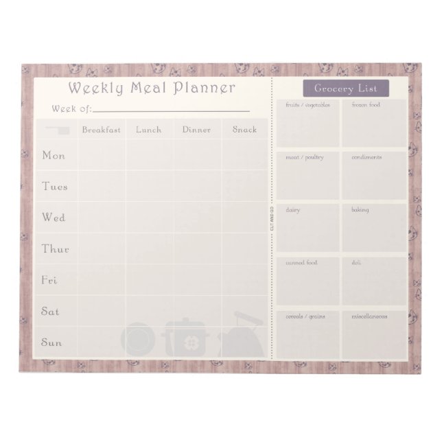 Weekly Meal Planner Mauve Kitty Cat Notepad (Front)