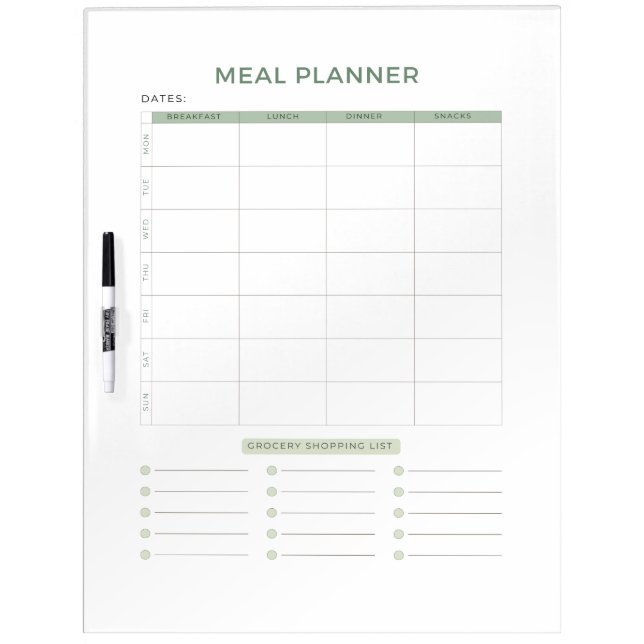 Weekly Meal Planner Schedule Grocery List  Dry Erase Board (Front)