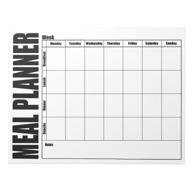 Weekly Menu Meal Planner Black And  White Notepad (Front)
