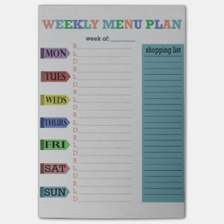 Weekly Menu Plan Post-it Notes