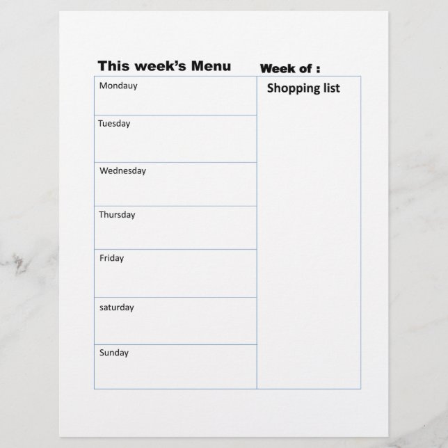 weekly menu printable meal planning sheet (Front)
