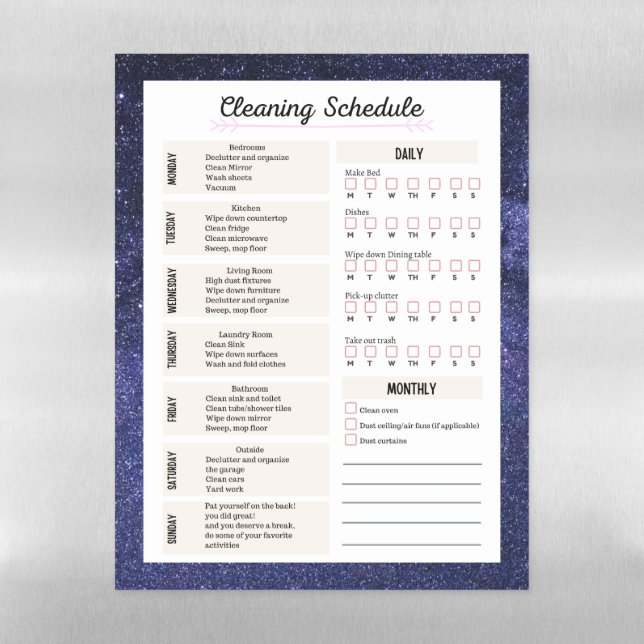 Weekly|Monthly Home Cleaning Schedule Galaxy  Magnetic Dry Erase Sheet (Vertical)