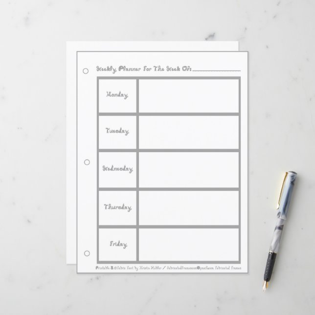 Weekly Planner 5 Days Gray Fabric Font Paper Sheet (Front/Back In Situ)