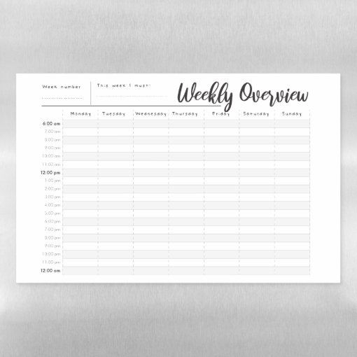 Weekly planner and organiser, hour by hour view dry erase sheet Zazzle