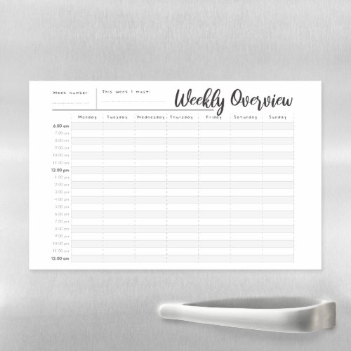 Weekly planner and organiser, hour by hour view magnetic dry erase sheet