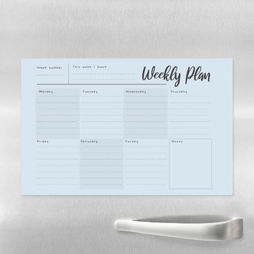 Weekly planner and organiser magnetic dry erase sheet