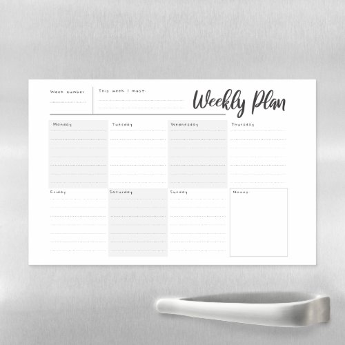 Weekly planner and organiser magnetic dry erase sheet