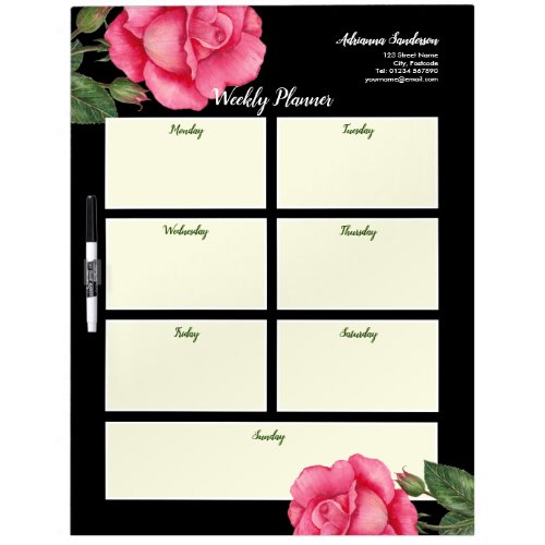 Weekly Planner Bright Watercolor Pink Roses Dry Erase Board