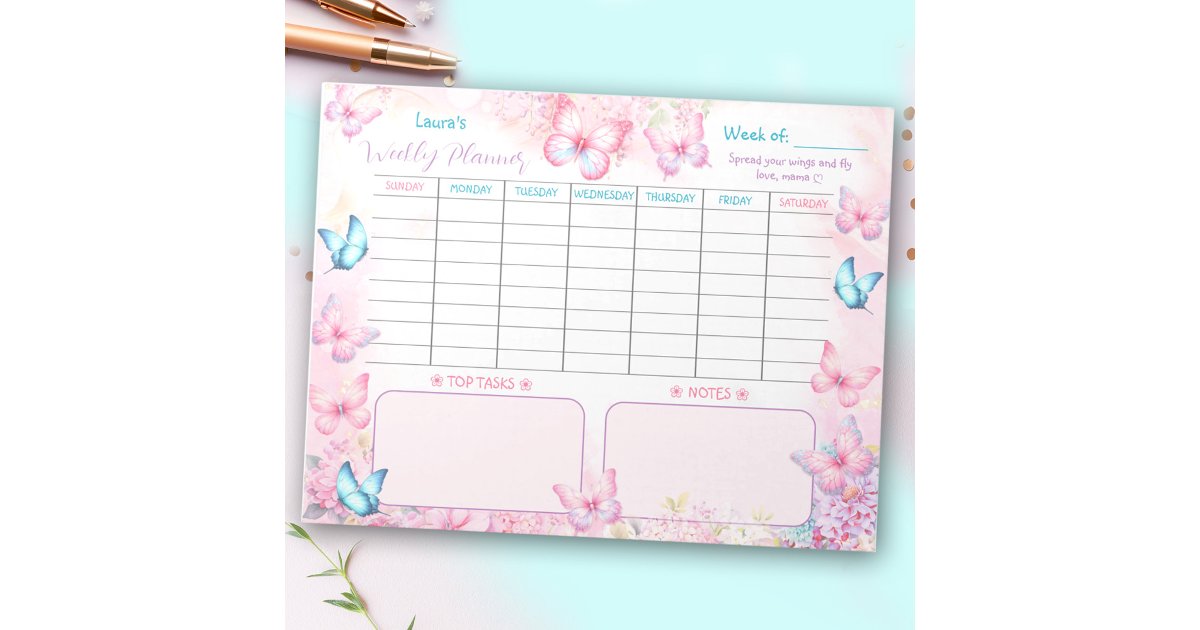 Weekly Planner Butterfly Pink Purple Floral Name Notepad | Zazzle
