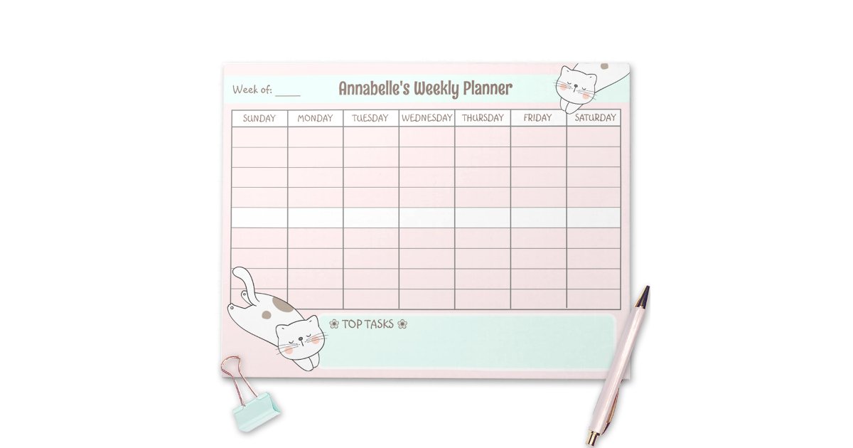 Weekly Planner Cute Cat Pink Blue Name Tear Away Notepad | Zazzle