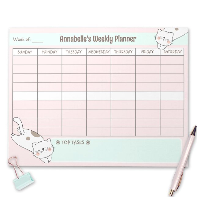Weekly Planner Cute Cat Pink Blue Name Tear Away Notepad (Weekly Planner Cute Cat Pink Blue Name Tear Away Notepad)