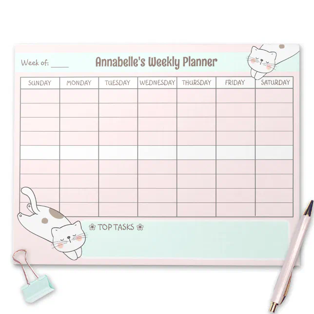 Weekly Planner Cute Cat Pink Blue Name Tear Away Notepad | Zazzle
