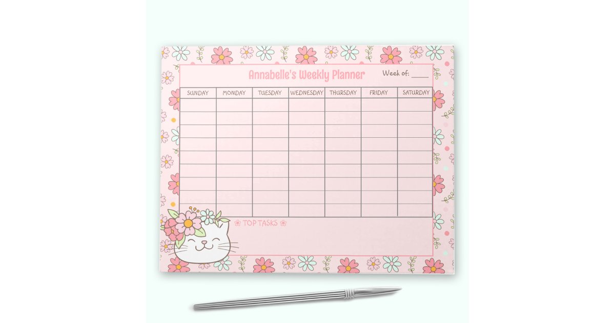 Weekly Planner Cute Cat Pink Floral Name Tear Away Notepad | Zazzle