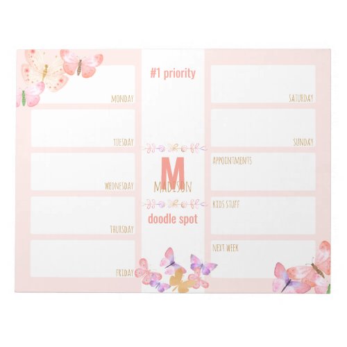 Weekly Planner Daily To Do Butterflies Monogram Notepad