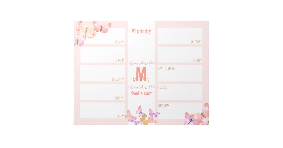 Weekly Planner Daily To Do Butterflies Monogram Notepad | Zazzle
