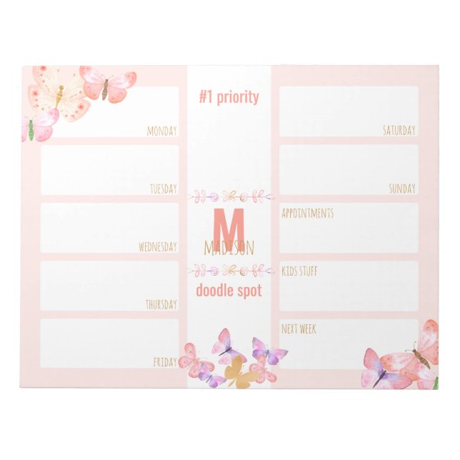 Weekly Planner Daily To Do Butterflies Monogram Notepad (Front)