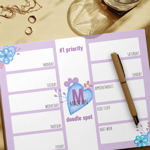 Weekly Planner Daily To Do Lilac Doodles Monogram Notepad