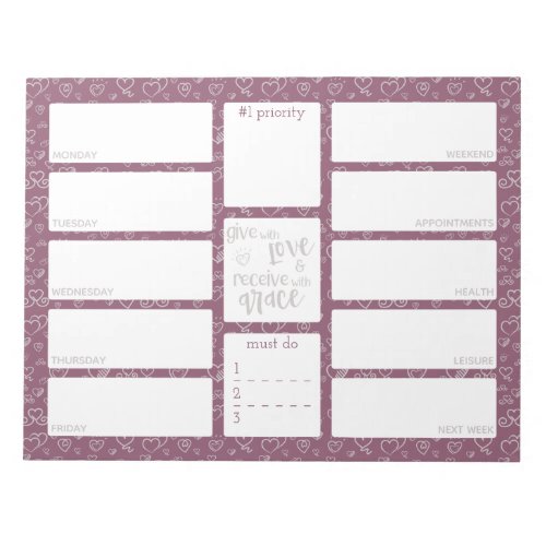 Weekly Planner Daily To Do List Purple Grey Hearts Notepad
