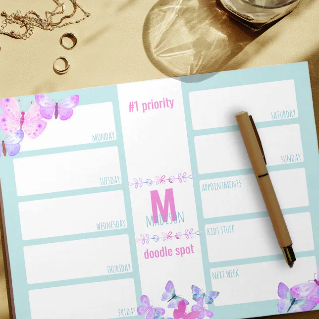 Weekly Planner Daily To Do Pink Butterfly Monogram Notepad | Zazzle