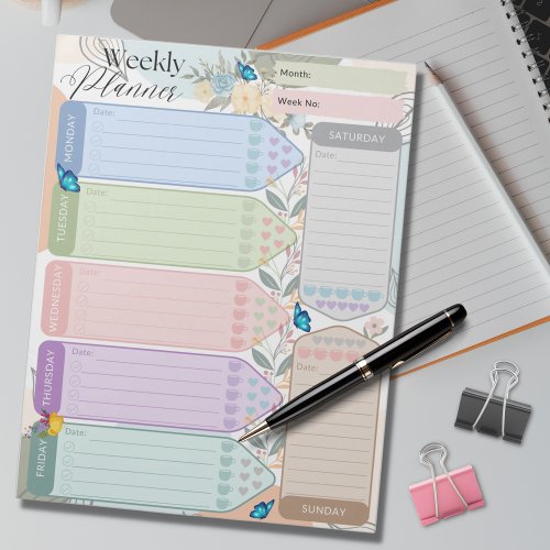 Weekly Planner Flower Butterfly Multicolored Theme Notepad