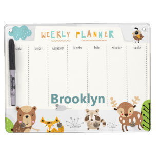 Weekly Planner Forest Animals Teal Name Dry Erase Board With Keychain Holder