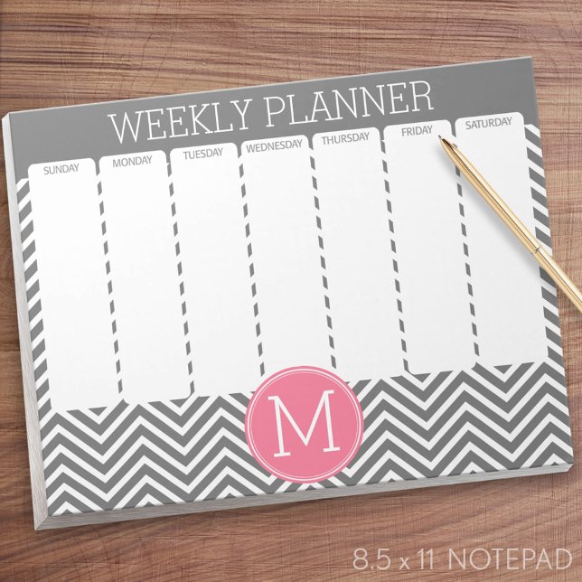 Weekly Planner Gray & Pink Chevrons with Monogram Notepad (Weekly Planner Notepad - Personalized)
