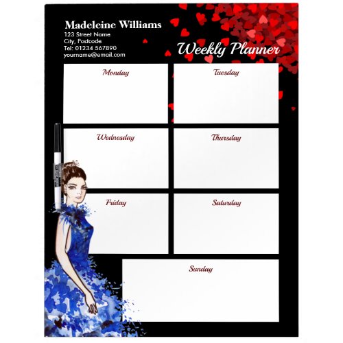 Weekly Planner Lady with Sparkly Blue Gown Hearts  Dry Erase Board