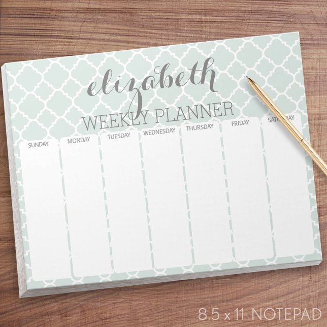 Weekly Planner Mint & Gray Quatrefoil Pattern Notepad (Weekly Planner Notepad - Personalized)