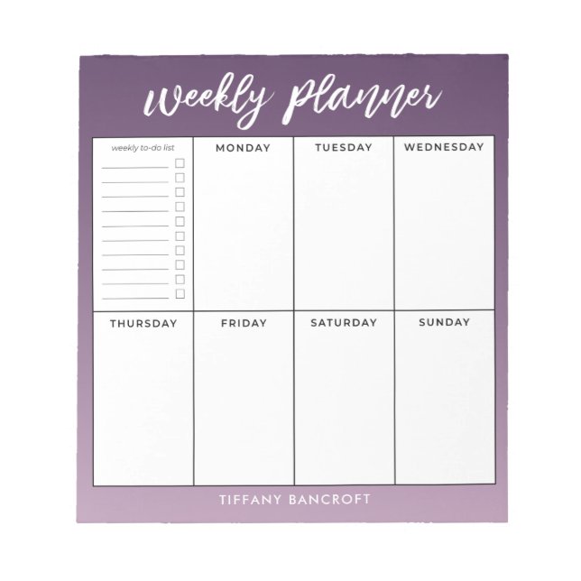 Weekly Planner Modern Script Purple Ombre Notepad (Front)