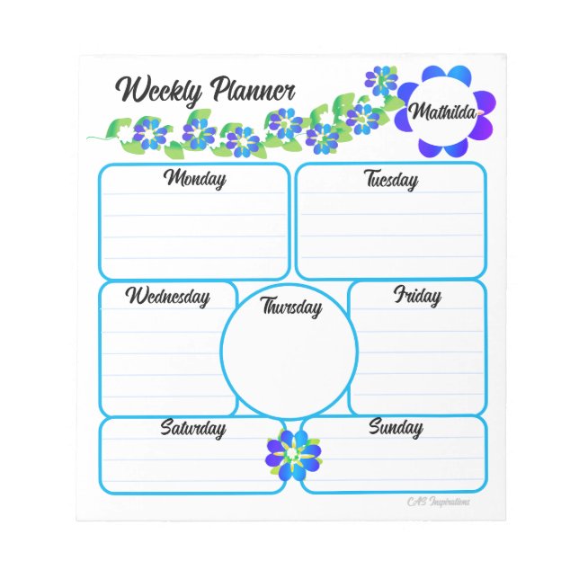 Weekly Planner Notepad with Blue Flowers (Front)