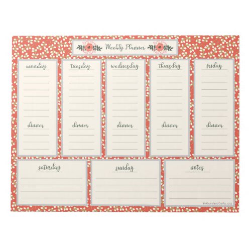 Weekly Planner Notepad with Dinner Menu