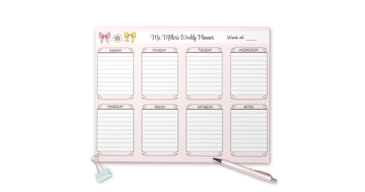 Weekly Planner Pink School Teacher Name Tear Away Notepad | Zazzle