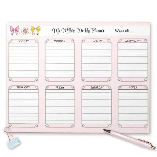 Weekly Planner Pink School Teacher Name Tear Away Notepad | Zazzle