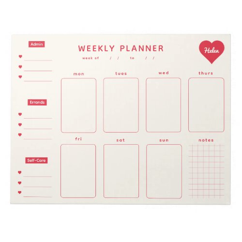 Weekly Planner Red Hearts Notepad with Name