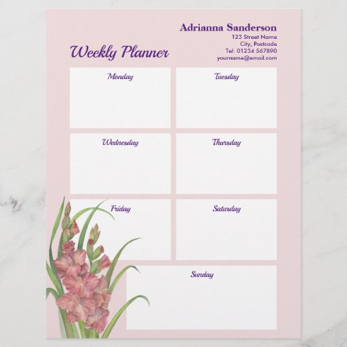 Weekly Planner Salmon Peach Gladioli Watercolor Letterhead