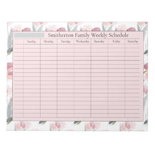 Weekly Planner Schedule Pink Flowers White Notepad