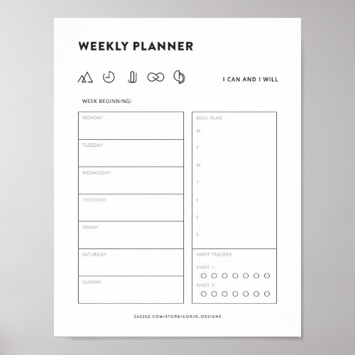 Weekly planner schedule to do list menu organizer poster
