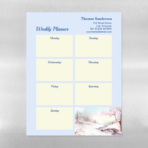 Weekly Planner Snowy Bridge Watercolor Landscape Magnetic Dry Erase Sheet