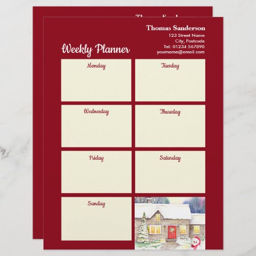 Weekly Planner Snowy Cottage Cotswold Watercolor Letterhead