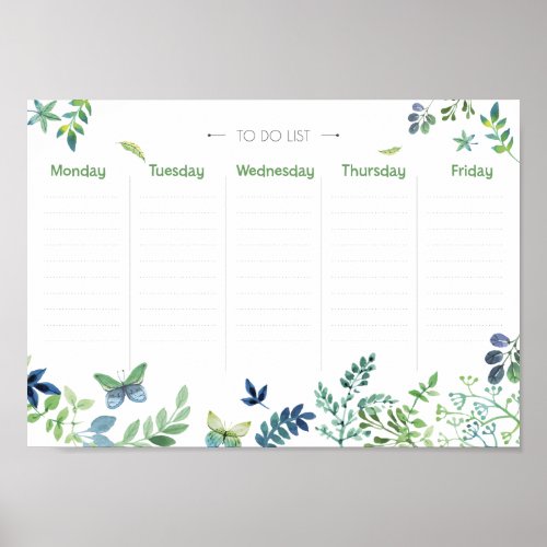 Weekly Planner to do list green watercolor floral Poster