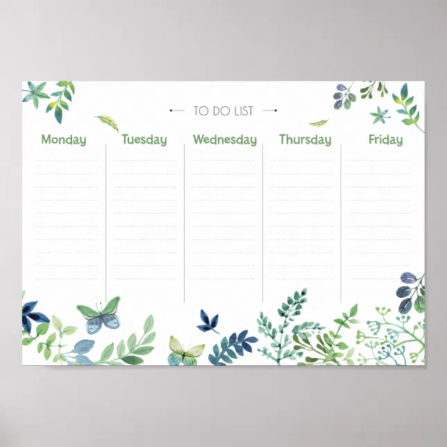 Weekly Planner to do list green watercolor floral Poster | Zazzle