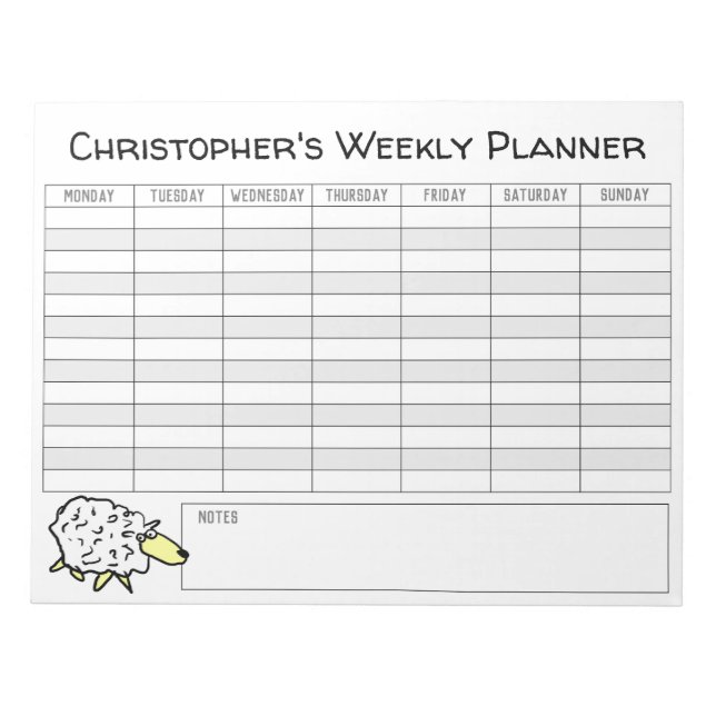 Weekly Planner to Personalise with Name Choice. Notepad (Front)