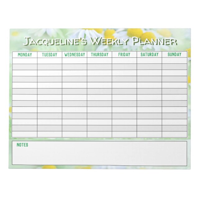 Weekly Planner to Personalise with Name Choice. Notepad (Front)