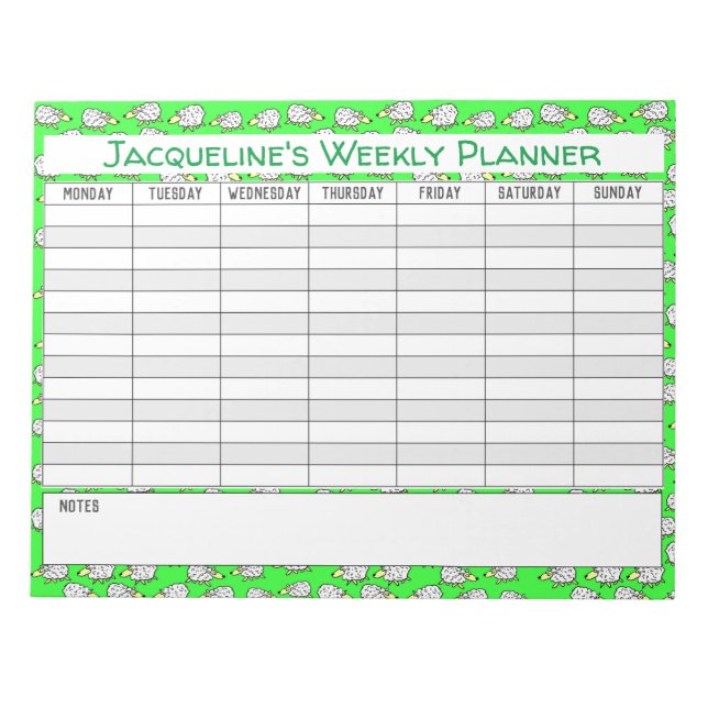 Weekly Planner to Personalise with Name Choice. Notepad (Front)