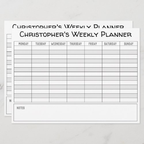 Weekly Planner to Personalise with Name on a Card