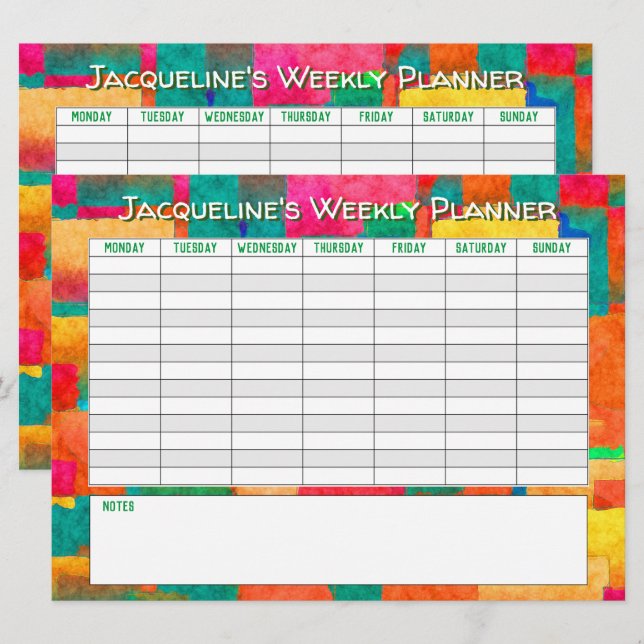 Weekly Planner to Personalise with Name on a Card (Front/Back)