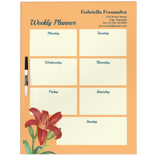 Weekly Planner Vibrant Watercolor Orange Lily Dry Erase Board