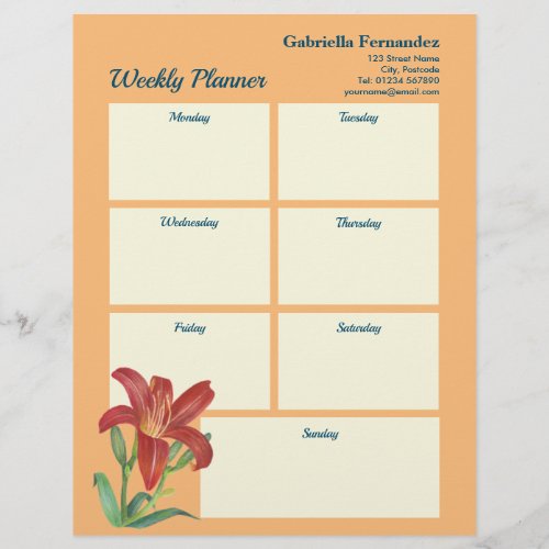 Weekly Planner Vibrant Watercolor Orange Lily Letterhead